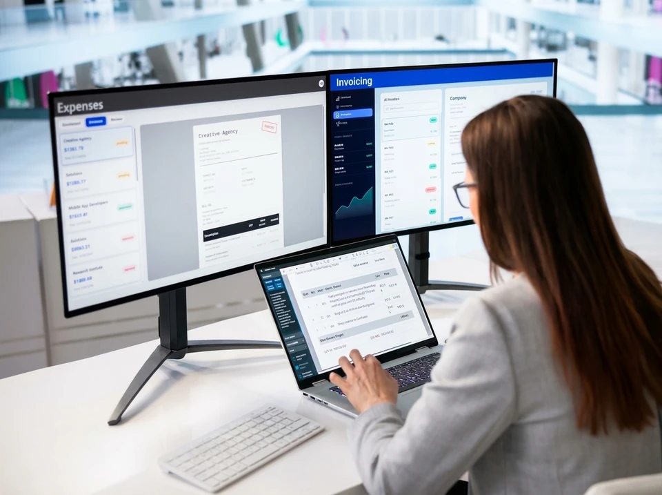 Business man travaille sur un ordinateur portable affichant un tableau de bord Business Analytics avec des graphiques, des mesures et des indicateurs de performance clés pour analyser les performances et créer des rapports d'analyse pour la gestion des opérations