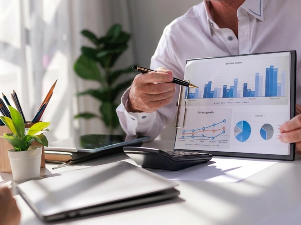 Conseiller financier et chef d'entreprise assis face à face à un bureau, analysant ensemble un budget prévisionnel imprimé annoté au stylo, avec une calculatrice visible sur le bureau, dans un bureau professionnel lumineux.