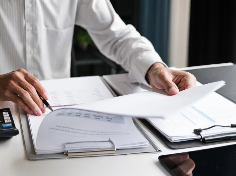 Bureau d'analyste financier avec documents comptables étalés, graphiques statistiques colorés en barres et camembert, tableaux de données chiffrées