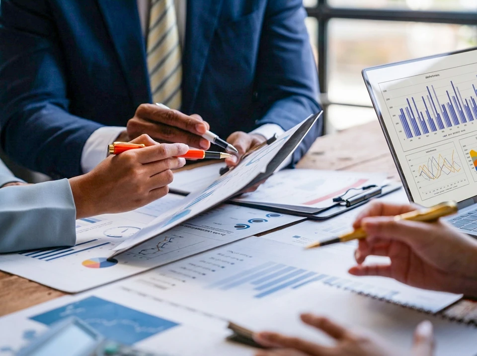 Réunion d'affaires en intérieur avec quatre professionnels en costume analysant des données financières autour d'une table